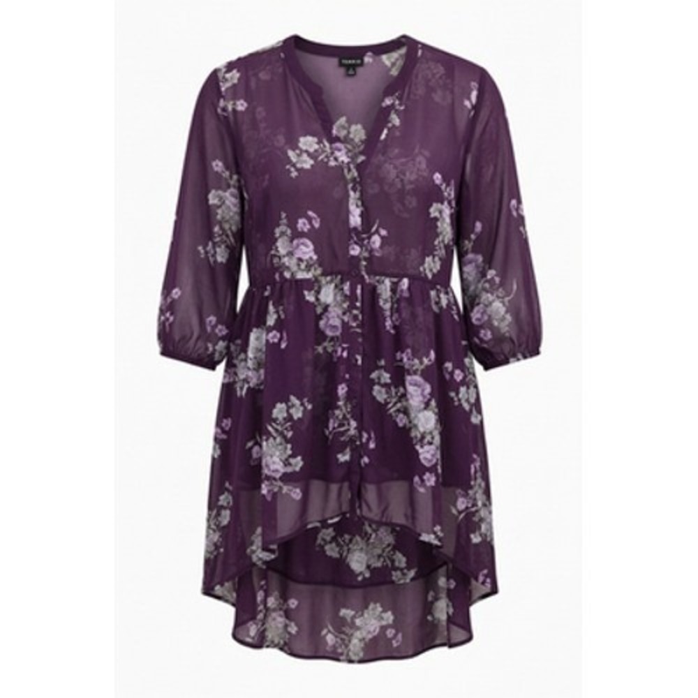 Torrid Sheer Tunic Top Women 3 Plus Purple Floral Chiffon Boho Fairycore Cottage